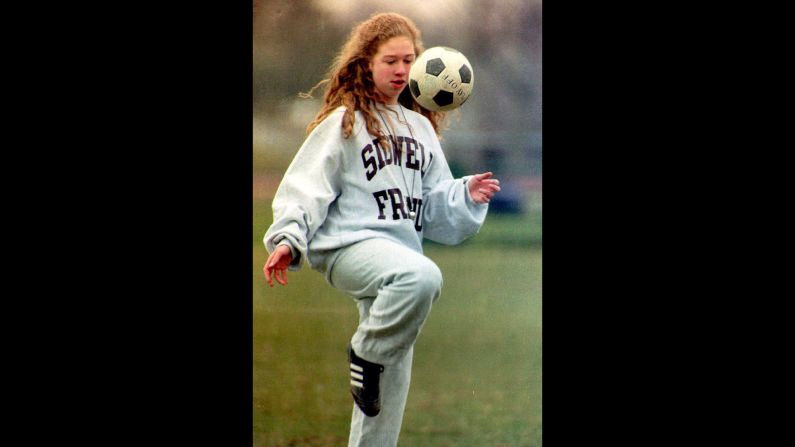 Chelsea attends soccer practice in Washington in January 1993.