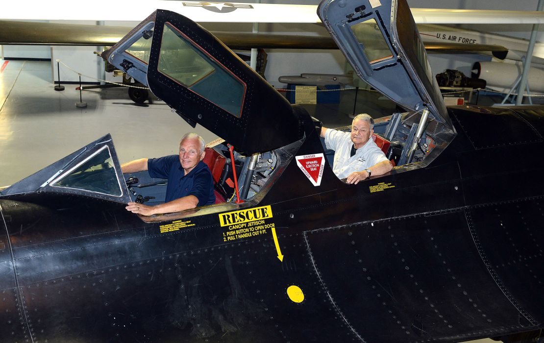 Maj. Gen. Eldon "Al" Joersz, USAF pilot retired, front, and Lt. Col. George "GT" Morgan, USAF retired reconnaissance systems officer, set a world speed record in 1976 in this SR-71 aircraft.