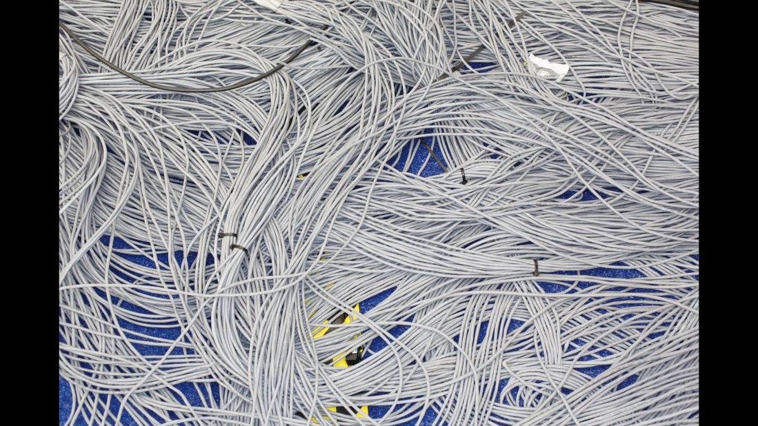 Wires pile up in the media pavilion across from the Wells Fargo Center, where the convention is taking place in Philadelphia.