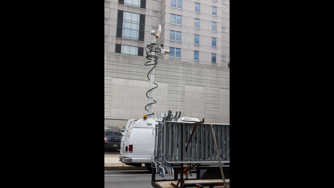 A satellite truck is parked outside of City Hall, where some protesters gathered in downtown Philadelphia.