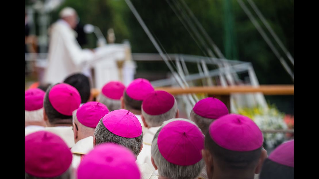 Bishops attend a Mass celebrated by Pope Francis on Thursday in Czestochowa, Poland.