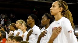 LOS ANGELES, CA - JULY 25:  Brittney Griner #15 of USA Basketball Women's National and the team line up for the National Anthem before the game at Galen Center on July 25, 2016 in Los Angeles, California.  (Photo by Jayne Kamin-Oncea/Getty Images)