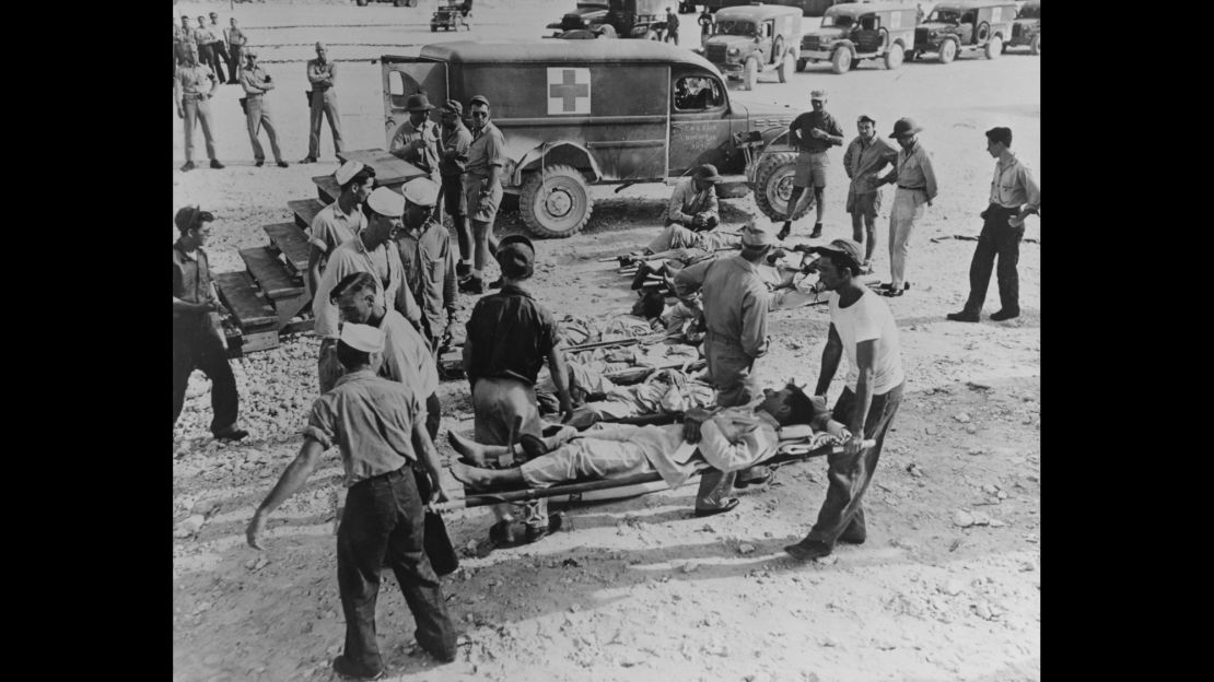 USS Indianapolis survivors are taken to a hospital following their rescue.