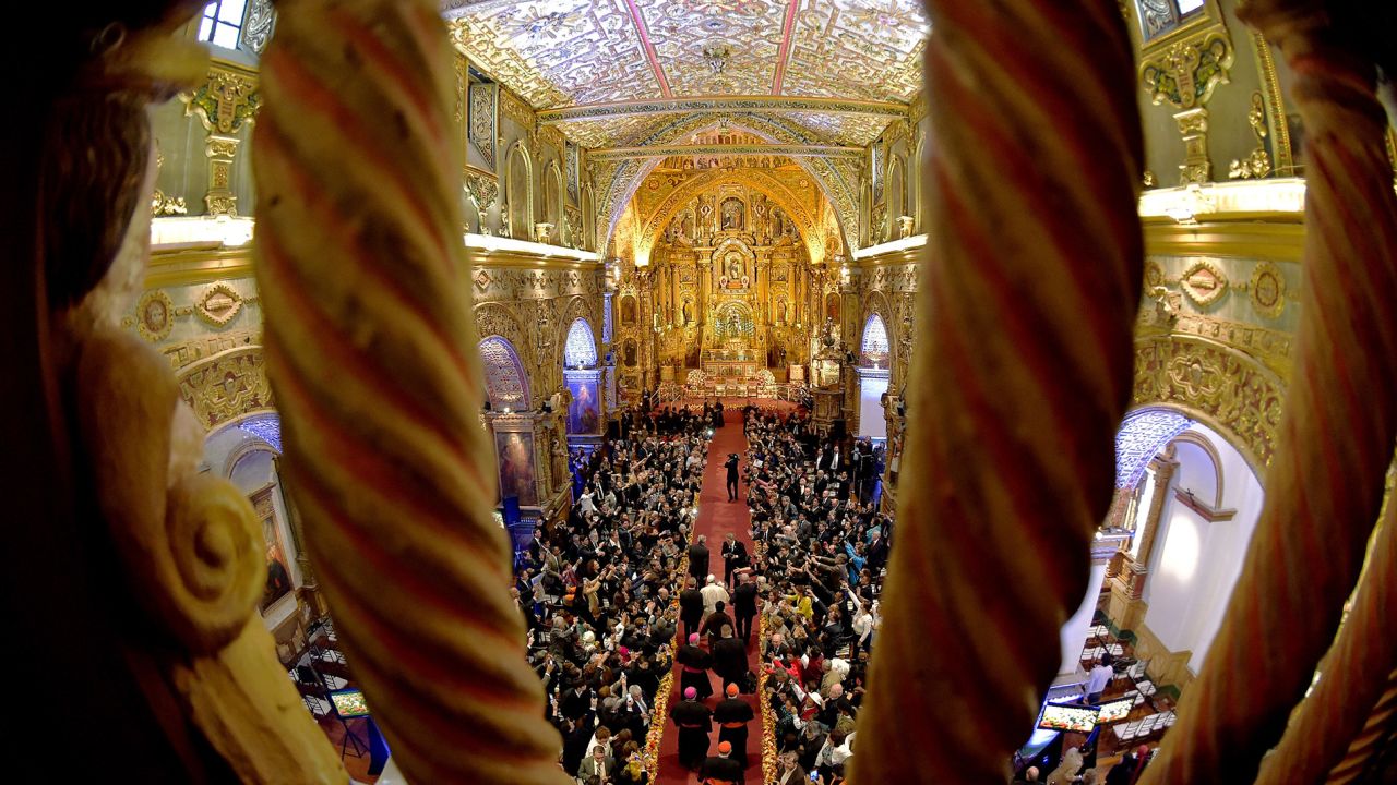 Quito is also home to many beautiful old churches. Here, Pope Francis enters San Francisco Church, a 16th-century Roman Catholic church in Quito. 