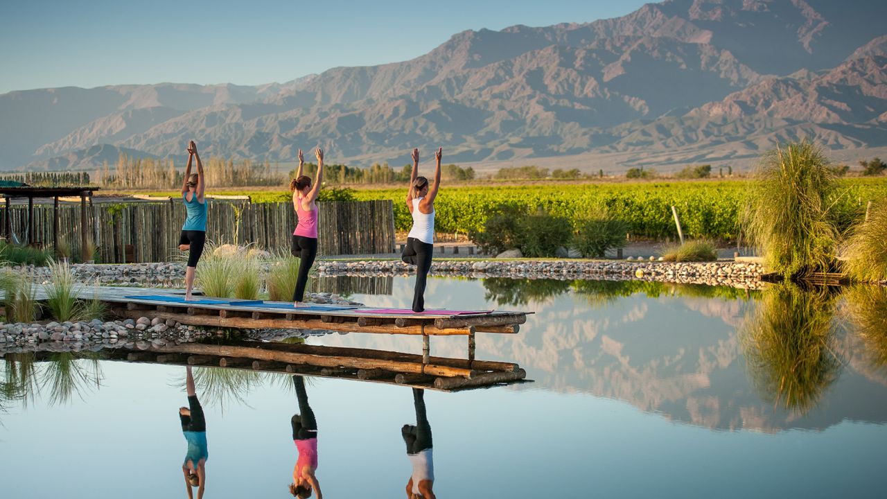 You can start your day with a morning yoga session  looking across vineyards to the rising Andes.