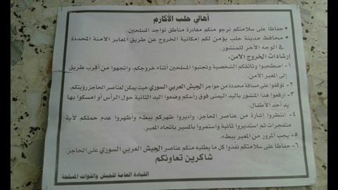 Syrian government leaflets dropped to the residents of besieged Aleppo.