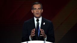 Los Angeles Mayor Eric Garcetti delivers remarks on the fourth day of the Democratic National Convention at the Wells Fargo Center, July 28, 2016 in Philadelphia, Pennsylvania.