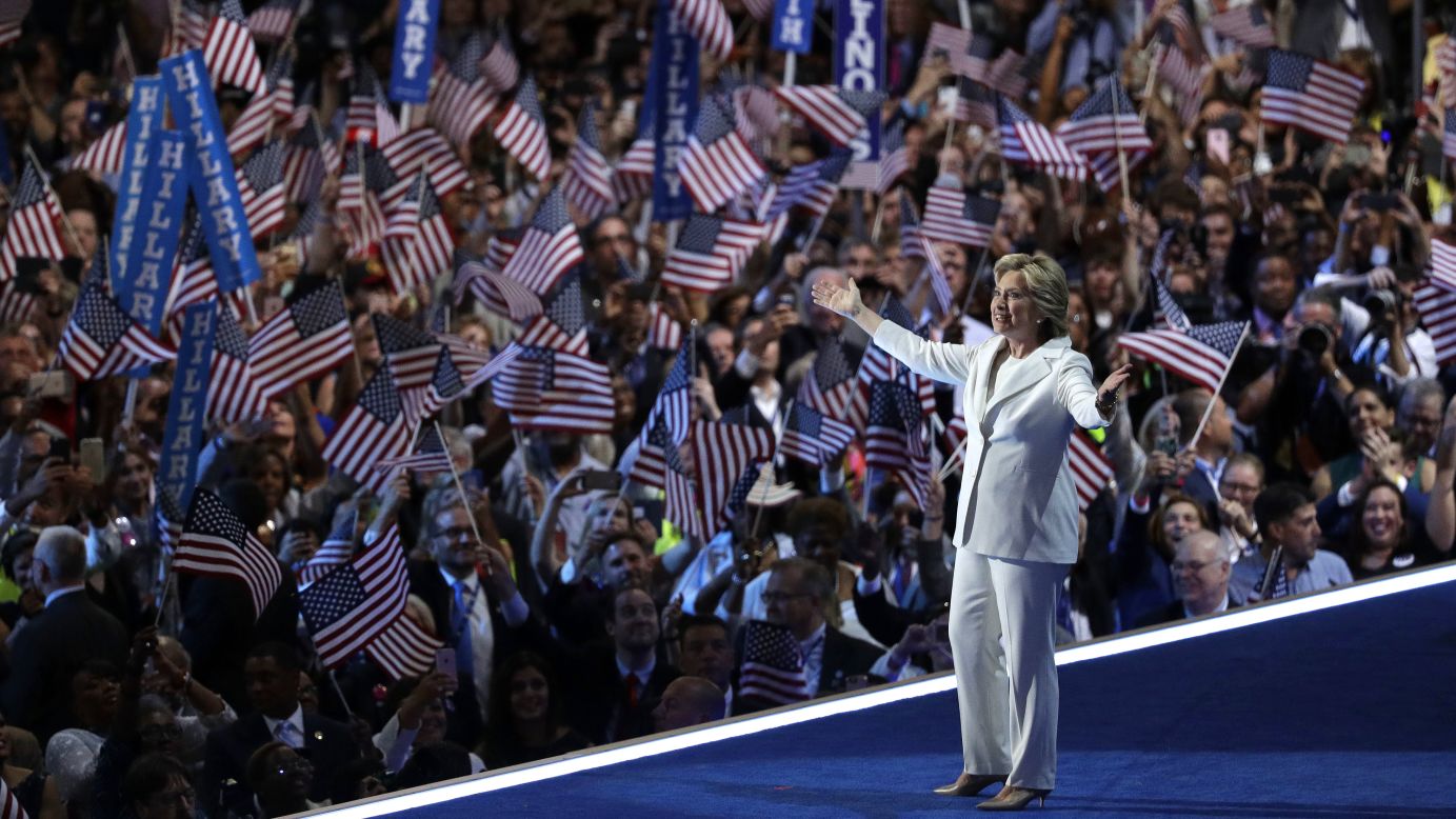 Hillary Clinton, the Democratic Party's presidential nominee, takes the stage before giving a speech Thursday at the Democratic National Convention in Philadelphia.