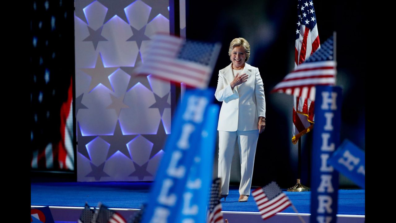 Clinton arrives for her speech.