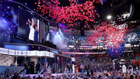 Balloons fall from the ceiling of the Wells Fargo Center after Clinton's speech.