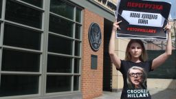 Maria Katasonova  protests outside the American embassy in Moscow.