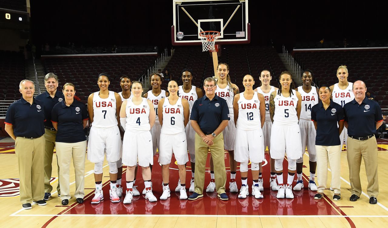 Members of the 2016 USA Basketball Women's National team pose before a pre-Olympic exhibition. The team is riding a 41-game winning streak dating back to 1992, and is 56-1 since the U.S. boycott of the Summer Olympics in 1980. 