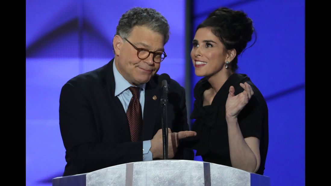 U.S. Sen. Al Franken appears on stage with comedian Sarah Silverman at the Democratic National Convention on Monday, July 25. Franken, of course, has a comedic background as well, having once starred on "Saturday Night Live."