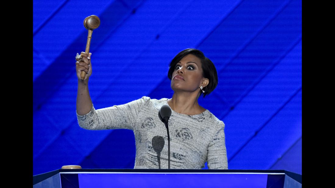 Baltimore Mayor Stephanie Rawlings-Blake uses a gavel to open the Democratic National Convention on Monday, July 25. She had to go back to the podium after initially forgetting to use the gavel.