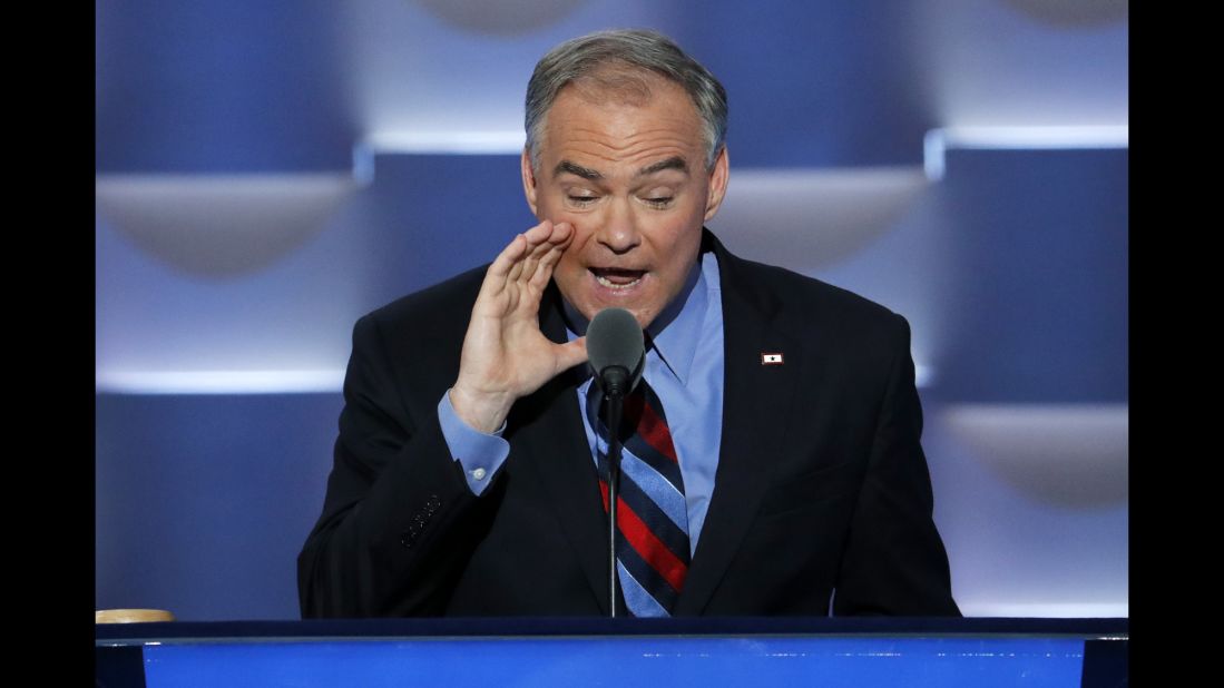 U.S. Sen. Tim Kaine, Hillary Clinton's running mate on the Democratic ticket, speaks at the party's convention on Wednesday, July 27. During his speech, he said he and Clinton "share this belief: Do all the good you can. And serve one another. Pretty simple."