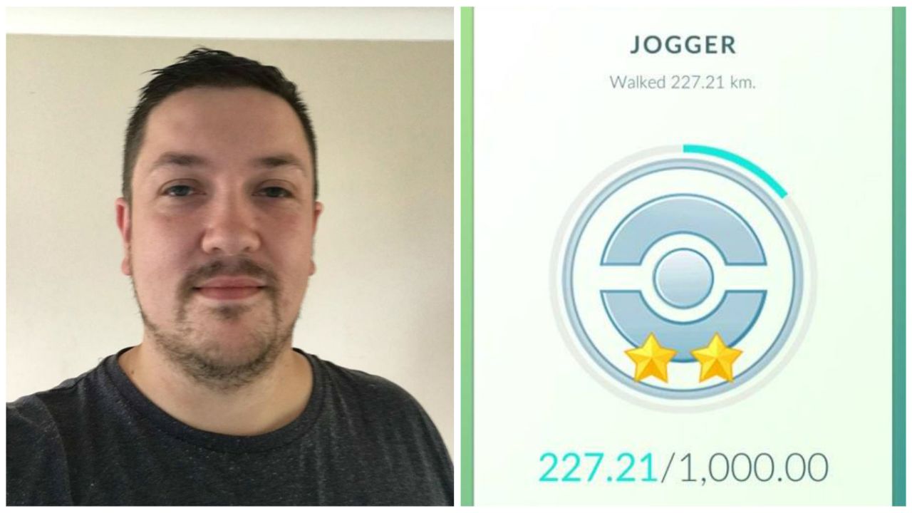 Pokemon Go player Sam Clark with his Jogger medal, showing he walked 227.21 kilometers whilst finding 143 Pokemons. 