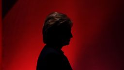 US Democratic presidential candidate Hillary Clinton leaves the stage during a break as she participates in the MSNBC Democratic Candidates Debate with Bernie Sanders at the University of New Hampshire in Durham on February 4, 2016.