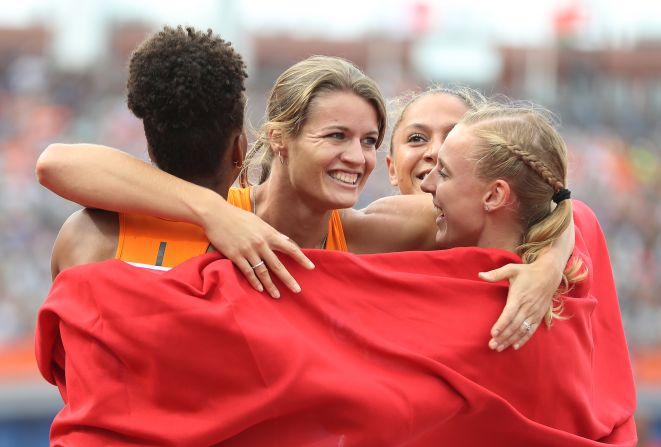 Schippers celebrates with her Dutch teammates after winning gold in the women's 4x100m relay final during day five of the European Athletics Championships at the Olympic Stadium on July 10, 2016 in Amsterdam, Netherlands.