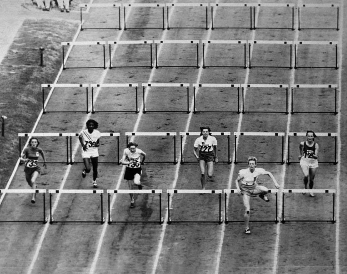 Blankers-Koen streaks ahead in the 80m hurdles at the London 1948 Olympic Games -- an event she went on to win in record time.