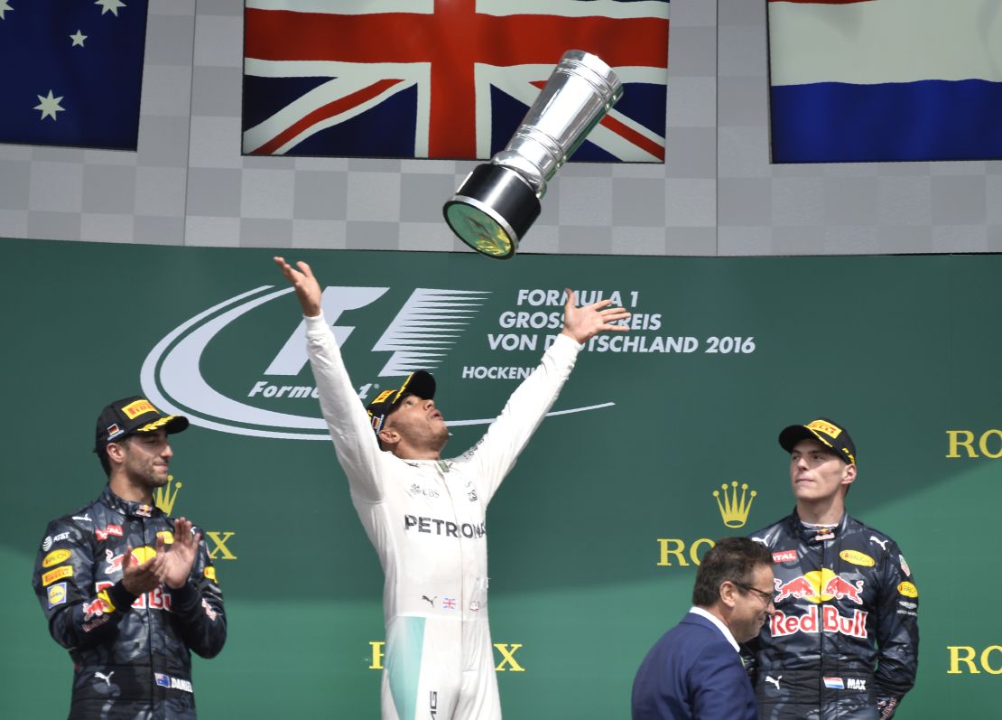 Lewis Hamilton celebrates victory in the German GP that saw him move 19 points clear of Nico Rosberg.