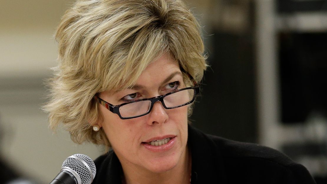 Florida State Board of Education member Sally Bradshaw, gestures as she interviews finalists for the Commissioner of Education Tuesday, Dec. 11, 2012, in Tampa, Fla.