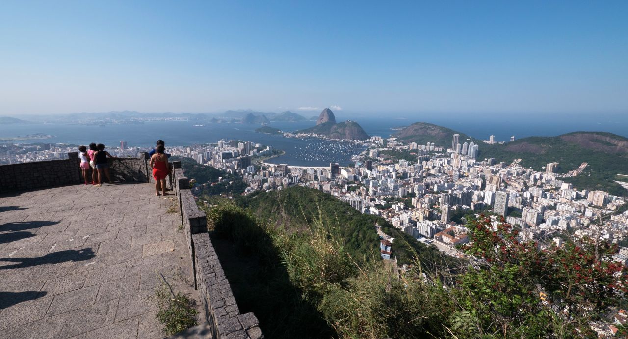 Sugarloaf Mountain, the Atlantic Ocean, Guanabara Bay and Copacabana beach are all visible from Mirante Dona Marta.