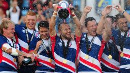EXETER, UNITED KINGDOM - JULY 10: Luke Treharne, Captain of Great Britain Royals lift the Cup Trophy after victory over France during the Cup Final match between Great Britain Royals and France during Day Two of the 2016 Rugby Europe Men's Sevens Championships at Sandy Park on July 10, 2016 in Exeter, England. (Photo by Harry Trump/Getty Images)