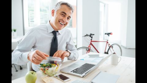 This office luncher is thrilled to enjoy a meal outside his cubicle walls. <strong>Tip 4: Eat away from your desk.</strong> Even if it's in the office break room, stepping away gives you a chance to de-stress.