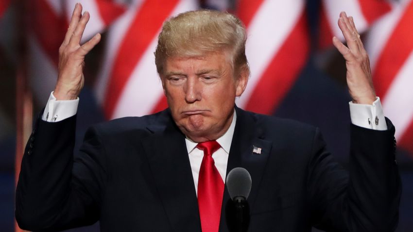 CLEVELAND, OH - JULY 21:  Republican presidential candidate Donald Trump delivers a speech during the evening session on the fourth day of the Republican National Convention on July 21, 2016 at the Quicken Loans Arena in Cleveland, Ohio. Republican presidential candidate Donald Trump received the number of votes needed to secure the party's nomination. An estimated 50,000 people are expected in Cleveland, including hundreds of protesters and members of the media. The four-day Republican National Convention kicked off on July 18.  (Photo by Alex Wong/Getty Images)