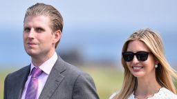 Donald Trump Junior, Eric Trump and Ivanka Trump listen to their father, Presumptive Republican nominee for US president Donald Trump, give a press conference on the 9th tee at his Trump Turnberry Resort on June 24, 2016 in Ayr, Scotland.