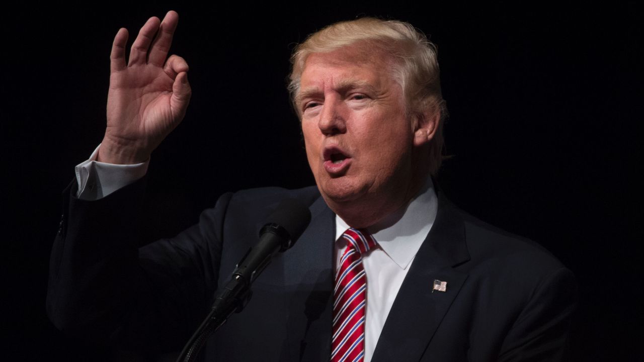 Republican presidential nominee Donald Trump speaks during a campaign event at Briar Woods High School August 2, 2016, in Ashburn, Virginia.