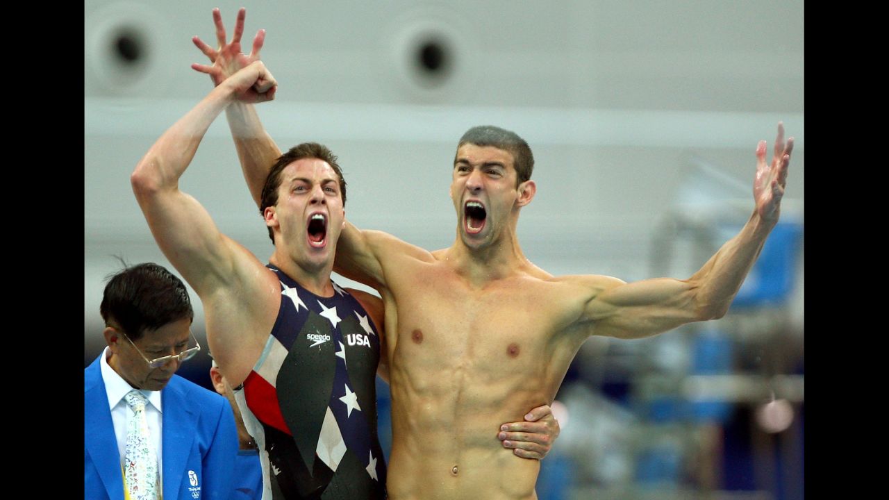 <strong>Phelps wins eight gold medals in Beijing: </strong>Swimmer Michael Phelps, right, became the first athlete to win eight gold medals in one Olympics when he helped the United States win the 4x100 medley in 2008. Here, he celebrates with Garrett Weber-Gale after a victory in the 4x100 freestyle. No one has won more Olympic medals than Phelps, who added to his collection in 2012 and 2016.