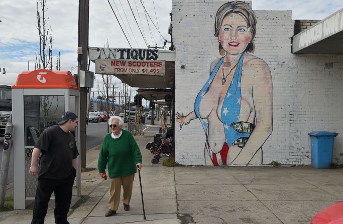 This controversial mural of US presidential nominee Hilary Clinton is by Australian street artist Lushsux. He recently modified the work to depict Clinton in a burqa.  