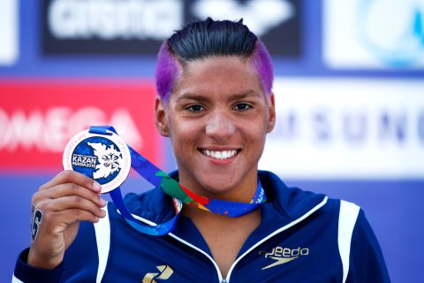 Ana Marcela Cunha's colorful hair will be wrapped under a swimcap when she does battle in Rio. At last year's world championships in Kazan, Russia she won gold in the 25km marathon and a bronze in the 10km as well as a silver medal in the team open water event.<br />