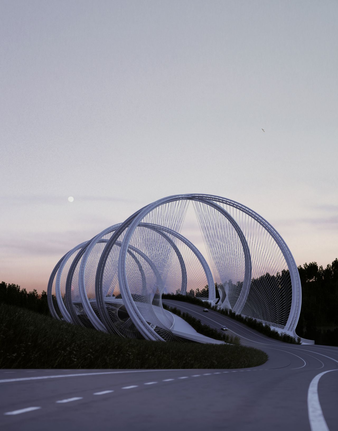 A collaborative project between Penda and engineering firm Arup, the bridge features multiple arches and was partly inspired by the famous five-ringed symbol of the Olympic Games. 
