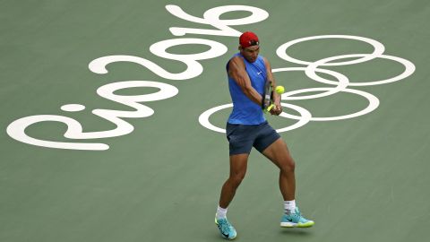 Spanish tennis player Rafael Nadal practices in Rio on August 3.