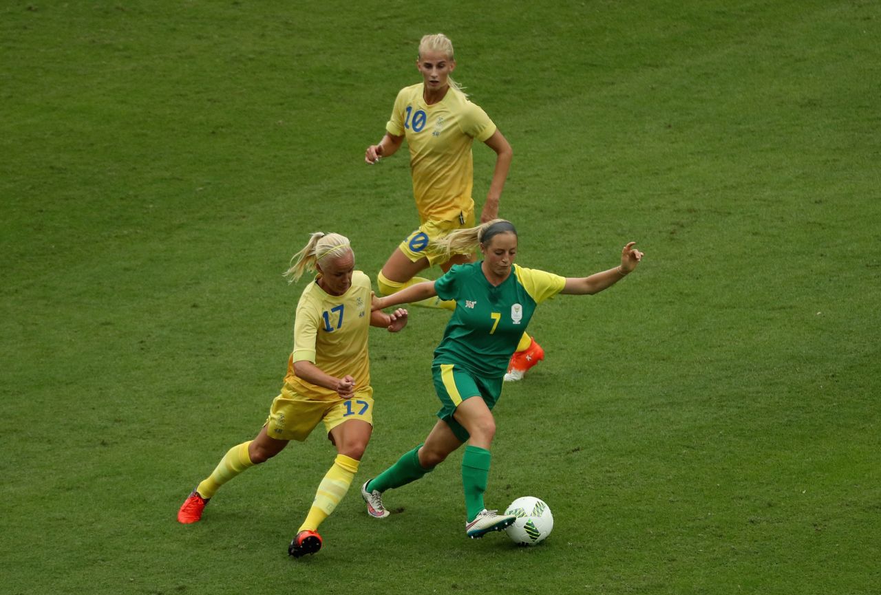 South Africa's Stephanie Malherbe, right wearing the No. 7 jersey, had both her boyfriend and big sister in the stands cheering her on. Unfortunately for them, South Africa lost 1-0 to Sweden.