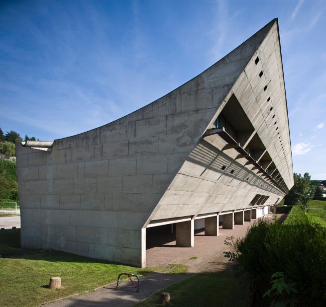 Maison de la Culture was designed by Le Corbusier as part of a large complex in the French town of Firminy. Completed in 1965, it was also intended to provide seating for a local sports stadium.