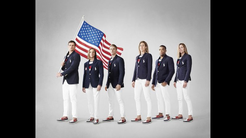 <strong>Rio, 2016:</strong> Nothing to see here, just ... wait, is that the Russian flag? Uniform haters dinged this year's Ralph Lauren offerings because the jaunty patriotic striped top resembles a certain rival country's banner, which has horizontal white, blue and red bars.