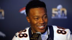 SANTA CLARA, CA - FEBRUARY 03:  Demaryius Thomas #88 of the Denver Broncos speaks to the media during the Broncos media availability for Super Bowl 50 at the Santa Clara Marriott on February 3, 2016 in Santa Clara, California. The Broncos will play the Carolina Panthers in Super Bowl 50 on February 7, 2016.  (Photo by Ezra Shaw/Getty Images)