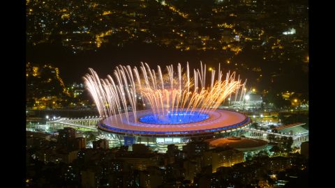 Fireworks explode during a rehearsal of the opening ceremony on Wednesday, August 3.
