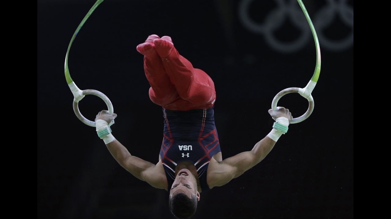 U.S. gymnast Jacob Dalton trains on the rings on August 3.