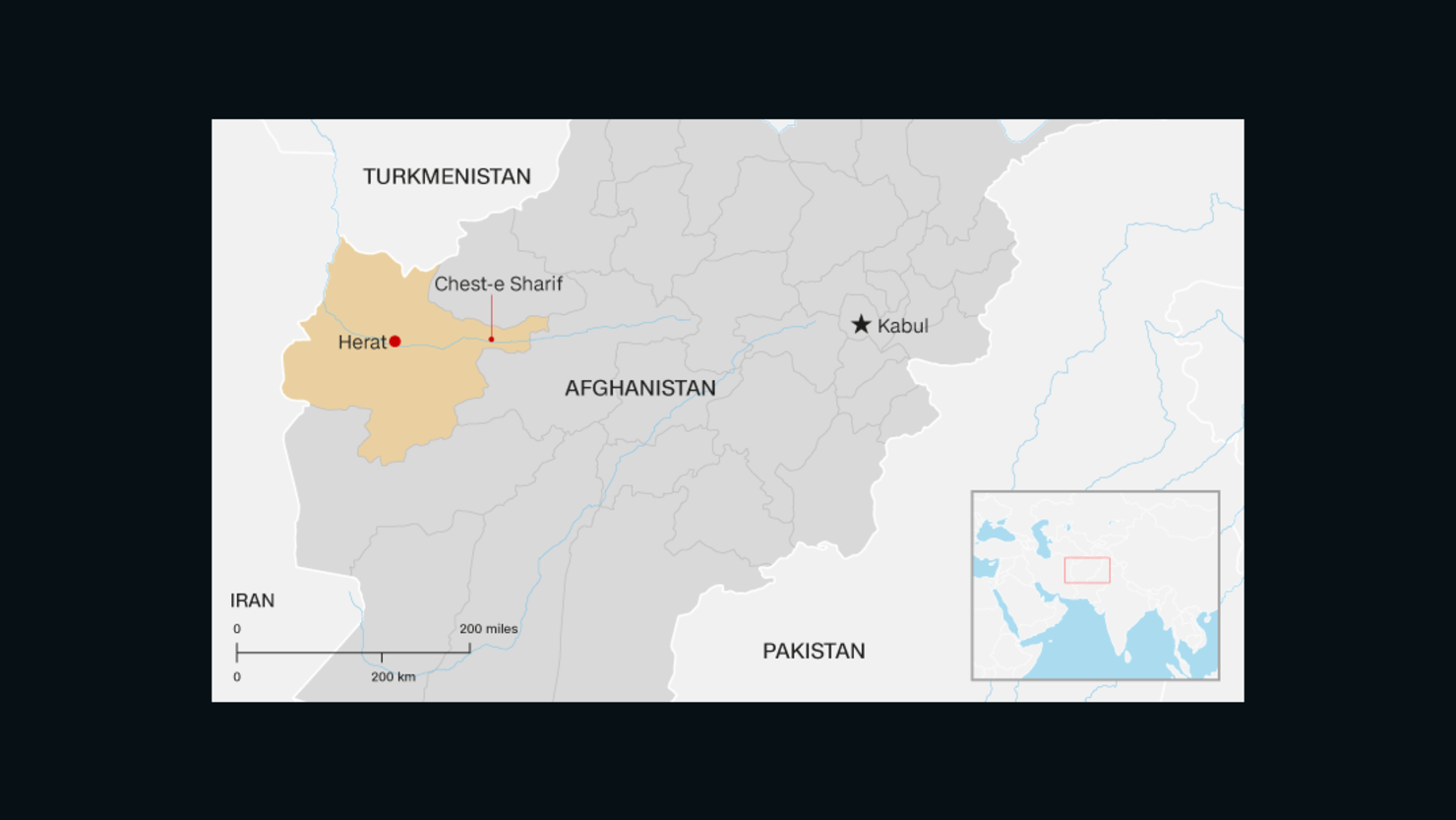 A map locating the district of  Chest-e-Sharif in Afghanistan's Herat province, where a convoy of tourists was struck by a rocket. 