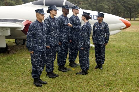 Sailors wearing the Navy Working Uniform I, dubbed "aquaflage," in 2008. Unless otherwise prescribed by the regional commander, the uniform is currently authorized to be worn at all facilities on base.