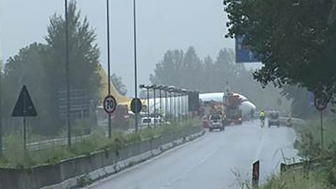 A cargo plane skidded off the runway and into the road at the Bergamo Orio al Serio Airport in Italy.