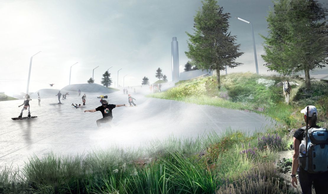 Amager Bakke Waste-to-Energy Plant, Copenhagen -- The planned ski slope begins on the roof and wraps around the facade and down into the hills below.