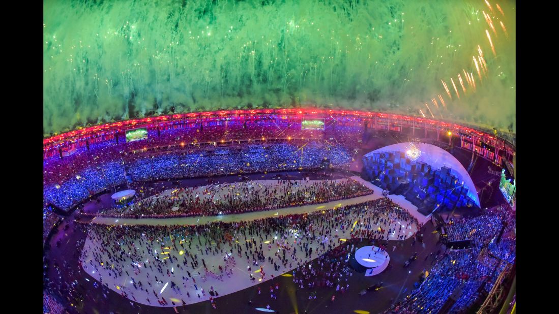 Fireworks explode over the Maracana Stadium in Rio de Janeiro at the end of the opening ceremony on Friday, August 5.