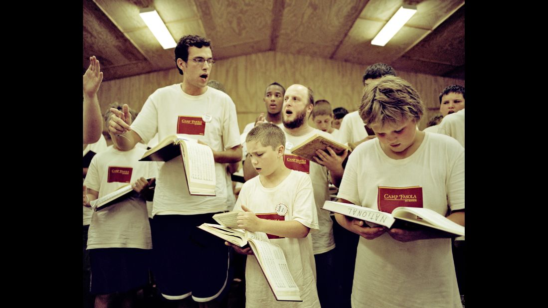 Boys sing at Camp Fasola, the Sacred Harp camp in Anniston, Alabama.