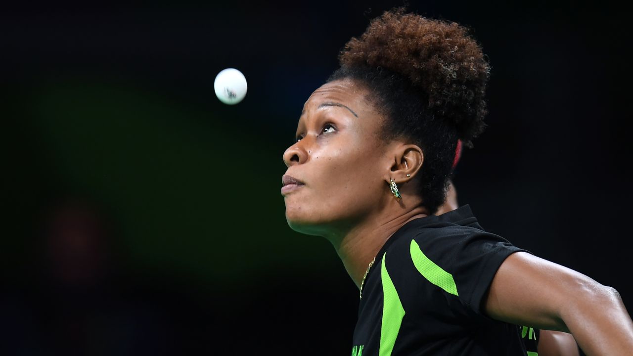 Nigeria's Olofunke Oshonaike keeps her eyes on the ball during the women's singles qualification round table tennis match.