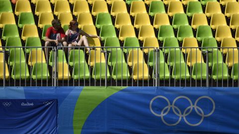Spectators attend the women's rugby sevens event at Deodoro Stadium in Rio de Janeiro.